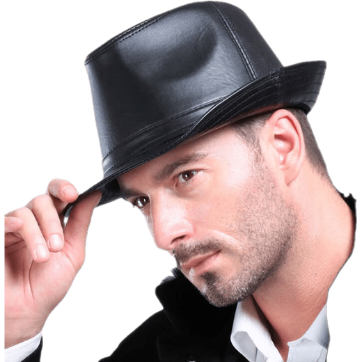 Qianzi charming spring and autumn PU genuine leather top hat men's sheepskin cowhide jazz hat British big brim gentleman hat winter middle-aged and elderly trendy hat black-sheepskin 56-58