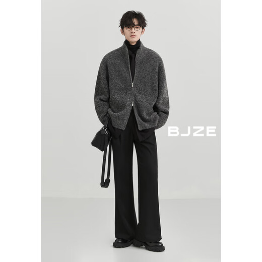 Earl Zall stand collar cardigan wool sweater jacket men's double zipper sweater men's 2024 autumn and winter new Y441558 shadow gray L (175)