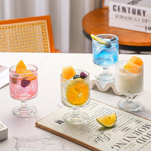 Lu Shanwu wine glass set, retro sunflower embossed glass cup, high-looking design, drink juice goblets, four-pack, mixed pattern wine glasses, four-pack