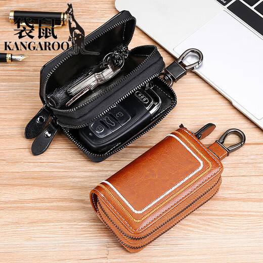 Kangaroo (KANGAROO) 2025 new genuine leather car key bag for women multifunctional cowhide door key bag fashionable embroidery thread key black genuine leather