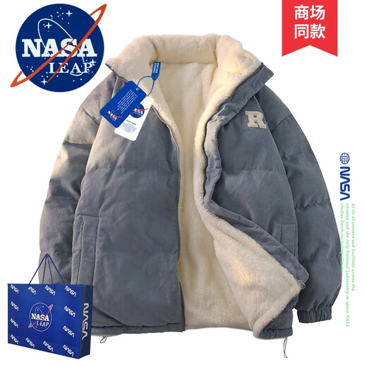 NASA LEAP Cotton Jacket Men's Winter Feather Jacket Stand Collar Lamb Velvet Corduroy Reversible Top Plus Velvet Cold Jacket NA11 Haze Blue XL (Recommended 150-170 Jin Jin equals 0.5 kg)