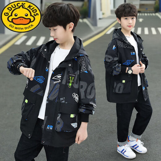 G.DUCKKIDS Little Yellow Duck Boys' Jacket Spring New Style Handsome Hooded Jacket Top Medium and Large Children's Korean Style Trendy Spring and Autumn Mid-Length High Quality Blue CC Drawstring Jacket 120 Recommended Height 105-115