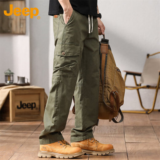 Jeep (JEEP) overalls men's autumn and winter casual pants men's loose trendy pure cotton straight-leg men's pants military green L