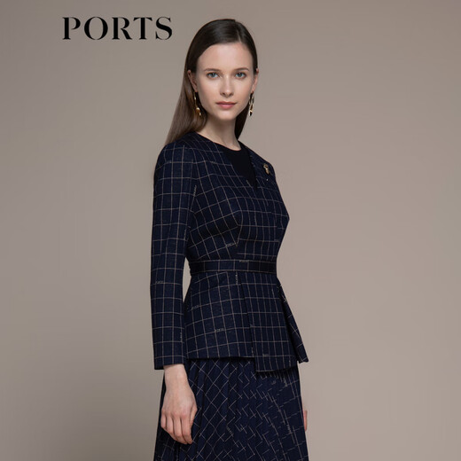 PORTS Autumn and Winter New Women's Waist Elegant Gold Plaid Blazer LM9N035LCF055 Blue Plaid S (4)