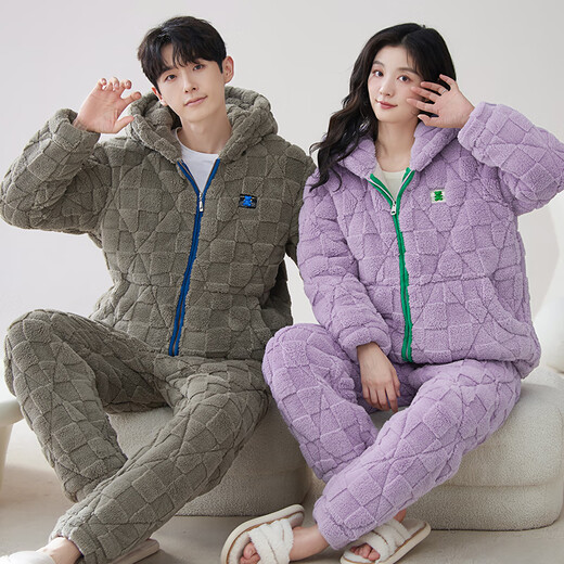 Modal thickened coral velvet couple pajamas for women, winter three-layer quilted men's flannel home clothes MZB439 hooded quilted women L