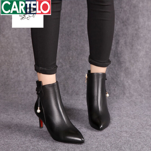卡帝乐鳄鱼（CARTELO）2025秋冬新款黑色真皮中跟短靴女短筒细跟尖头高跟裸靴马丁靴女新 黑色绒里 36