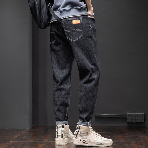 Jeans Men's Spring y Summer Nuevos pantalones elásticos de piernas rectas sueltas de moda harren pantalones casuales 6621 negro + 6621 azul 32