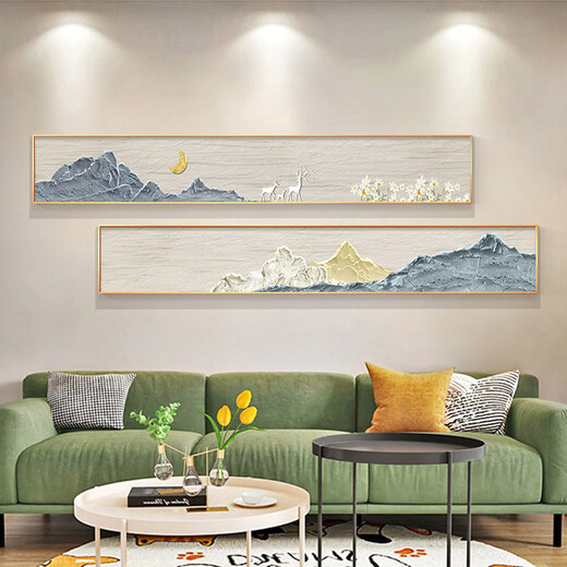 Whale style living room decorative painting long strip hanging painting texture wabi-sabi cream style high-end bedroom bedside sofa background wall painting 846-3 20*120 black frame/crystal porcelain painting