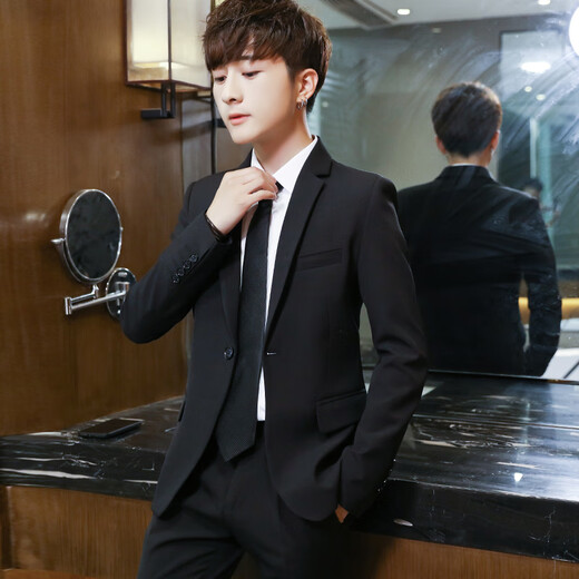 18-year-old teenager high school student adult dress suit boy suit men's suit junior high school and high school student graduation dress host casual black (solid color six-piece suit + shirt + vest + trousers) belt + 170/M 120-128Jin Jin is equal to 0.5 kg