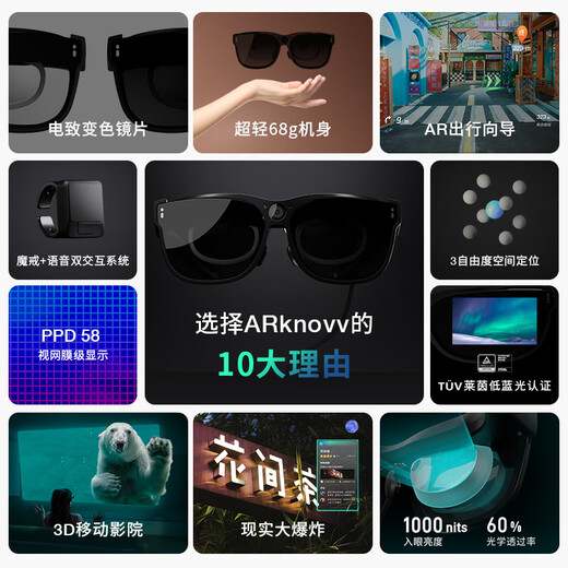 ARKNOVV A1 Smart Gläses Tiefe Fusion Ai-Anstellbare elektrochrome tragbare XR-Brille Nicht-VR-Brille All-in-One-Schwarzer großer Ringhalter-Set