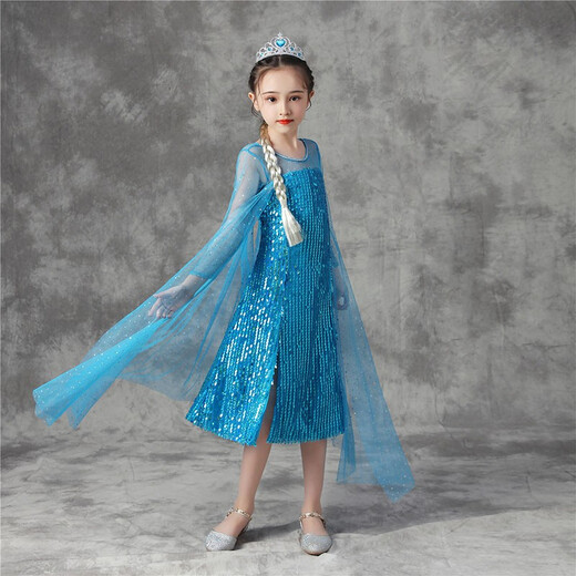 Yiai Elsa Princess Dress Autumn and Winter Frozen Girls Dress Elsa Skirt Floor-length Skirt New Year Clothes Performance Costume Blue Sequin Skirt Short 120 (recommended height 110-120cm)