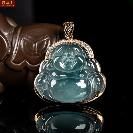 Shimao Jadeite A-grade Ice Blue Water Maitreya Buddha Ruyi Pendant 18K Gold Women's Ice Buddha Jade Jade Pendant
