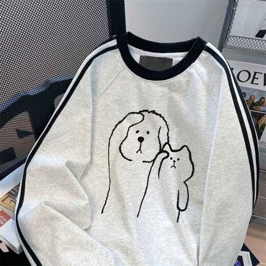 POUM sweatshirt men autumn and winter Chinese cotton round neck puppy print versatile trendy couple casual XXJR-FG1349 white gray L