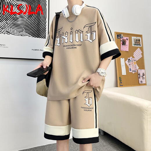 KLSJLA休闲套装男夏季潮牌冰丝运动短袖短裤男装一套搭配青少年帅气衣服 DT681米白套装 M 170 (约110-125斤可穿)