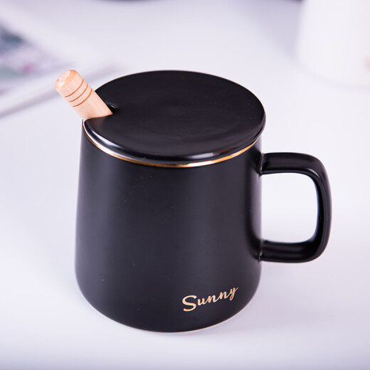 Chuanqi Ceramic Mug with Spoon Lid Coffee Cup Milk Cup Breakfast Cup Office Cup Men's and Women's Tea Cup Gold and Black 350ml