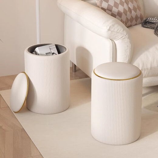Titian Storage Dressing Stool Storage Round Stool Dressing Table Stool Changing Shoes Light Luxury Living Room Sofa Tea Table Stool Home Small Stool No Storage Beige Vertical Line Leather