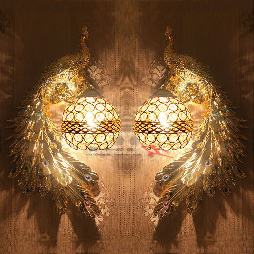 Yaotian Southeast Asia Peacock Wall Lamp French Pastoral Bedside Bedside Lamp Lobby Bar Lamp European Living Room Background Wall Lamp Painted + Stained Glass Lampshade (Pair + LED Light)