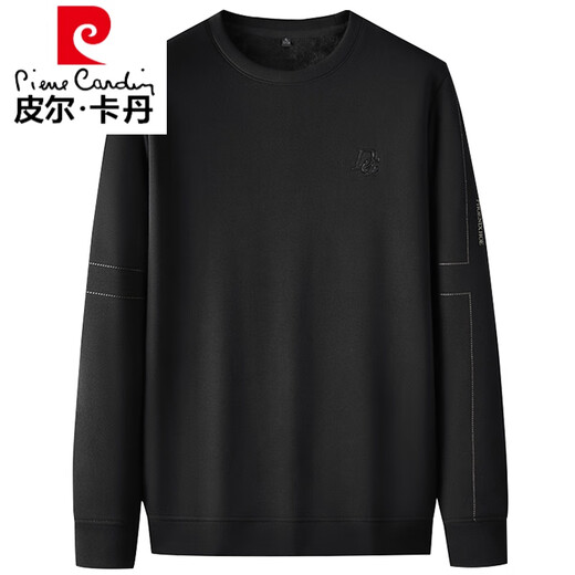 皮尔卡丹（pierre cardin）品牌特大号圆领长袖t恤男加绒加厚卫衣加肥加大码肥佬秋冬打底衫 9855 黑色 XL