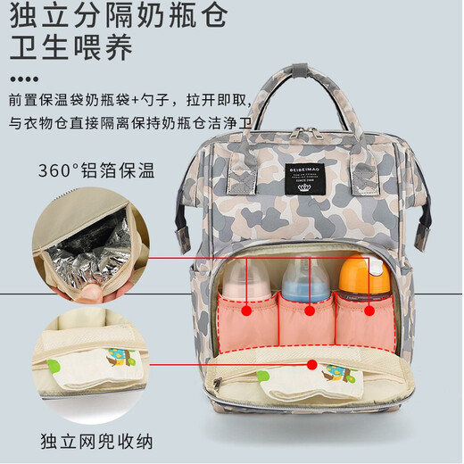 Die neue handgehaltene Muttertasche von Beibei Katze 2023 Mode Rucksack mit großer Kapazität Rucksack Multifunktionaler Mutter und Babytasche Neue Tarnung + Haken mit großer Kapazität wasserdicht senden