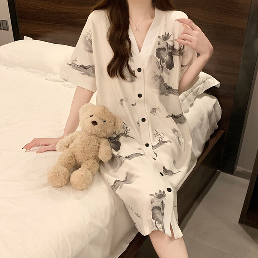 Talihong Nachthemd mit Brustpolster für Frauen für Sommer kurzärmelige dünne Frauen-Pyjamas Feel Tinte Malmalerei große Heimkleidung für Außenkleidung 5155 grüne Blumen mit Brustpolster m