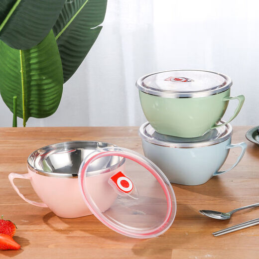 Lunch box for work, stainless steel instant noodle bowl with lid, student dormitory instant noodle bowl, large anti-scald soup cup, large capacity fast food lunch box, customized Nordic green 900ML (with spoon)