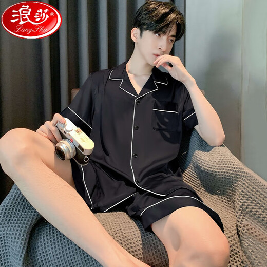 LangSha (LangSha) ice silk pajamas men's summer short-sleeved pants summer thin 2025 new men's style outdoor wear home clothing suit G723 [with pants pockets] 2XL (height about 180 and weight 150-175