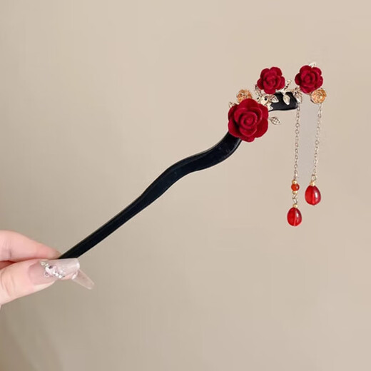 Bargeware New Chinese style retro hairpin engagement hairpin red rose tassel hairpin ancient style cheongsam Hanfu accessories red rose tassel hairpin