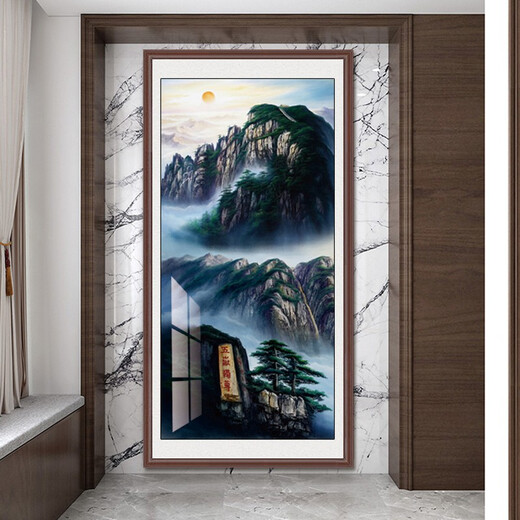 画中画 入户玄关装饰画竖版过道山水画风景进门中式壁画走廊尽头挂画 泰山日出-1048 实木框-240*120cm-带有机玻璃