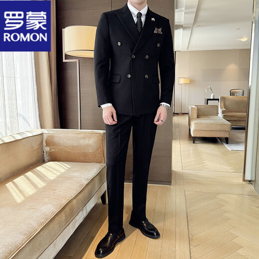 ROMON diagonal striped suit suit men's British business formal double-breasted groom's wedding thickened dress suit three-piece black (suit + pants + vest) XL 52 Reference 125-135Jin Jin is equal to about 0.5 kg