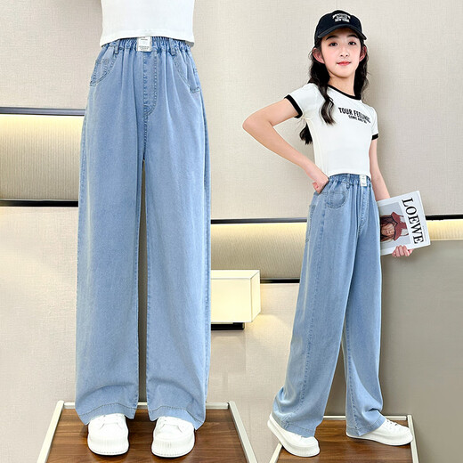 憨憨象夏季女童阔腿裤2025新款儿童裤子夏装女孩牛仔裤中大童休闲运动裤 15013蓝色+9922白色【套装】 150