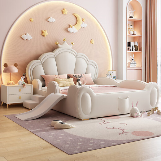 Children's bed girl princess bed internet celebrity single bed girl's bed crown with fence bed pink solid wood bed with guardrail fairy child's bed + 20cm latex mattress 1.5m*2.0m frame structure