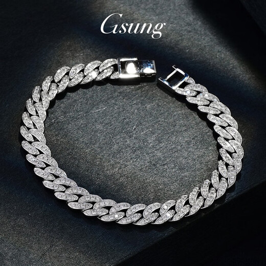 GsunG platinum bracelet men's new luxury inlaid Cuban diamond platinum bracelet men's PT950 horsewhip bracelet men's diamond bracelet about 45 grams 20 cm wide 8mm