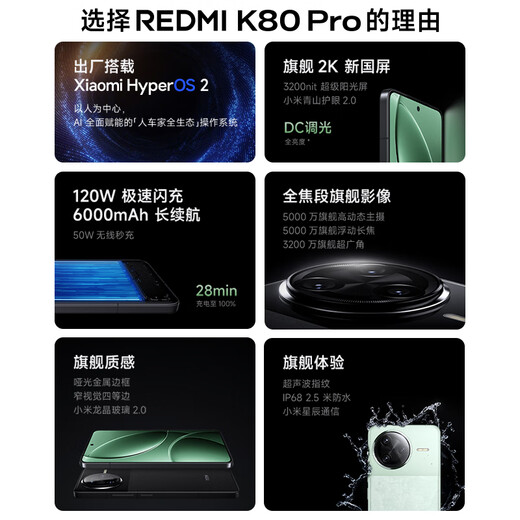 Xiaomi Redmi Redmi K80 Pro 5G Mobiltelefon Nationales Subvention Snapdragon 8 Supreme Edition IP68 Staubdicht und wasserdicht 6000mah Jinshajiang Batterie 120W schneller Blitzladung Xuanye Hei 12GB+256 GB