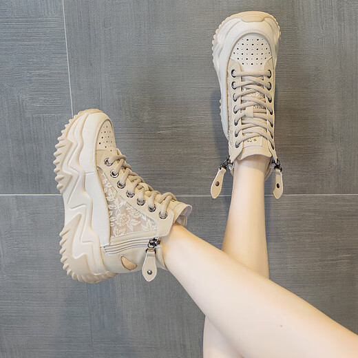 
OTMX dad shoes women's casual shoes cowhide high top women's shoes 2025 spring and autumn new versatile thick-soled travel sneakers 677-2 white mesh 38