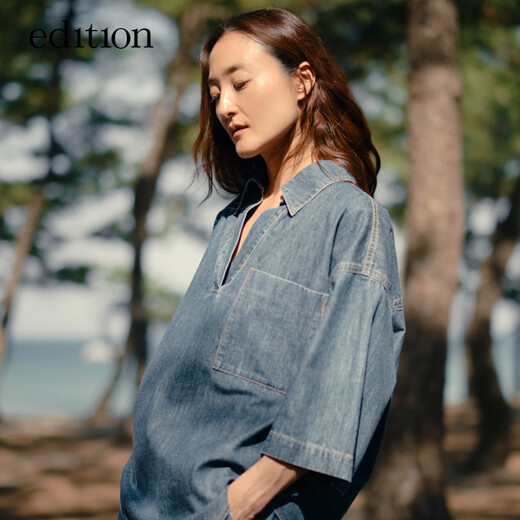 Edition denim shirt women's new summer style handsome neutral style pullover loose short-sleeved denim top denim blue S (160)