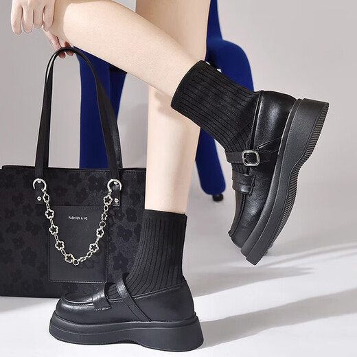 Guiqi Socks Martin-Stiefel für Frauen im Herbst und Winter, dick-solide Hochhausstiefel für Frauen im britischen Stil gestrickt dünne Stiefel, um mit kleinen Lederschuhen schwarze Matte-37 größer auszusehen