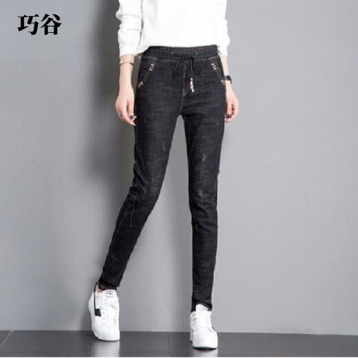 
ZHIDOUDOU jeans women's 2025 autumn new style plush loose trousers elastic black elastic waist pants 6628 single pants black New Year's prosperous 20 26 _Suggested 80-90Jin [Jin equals 0.5 kg] New Year's prosperous
