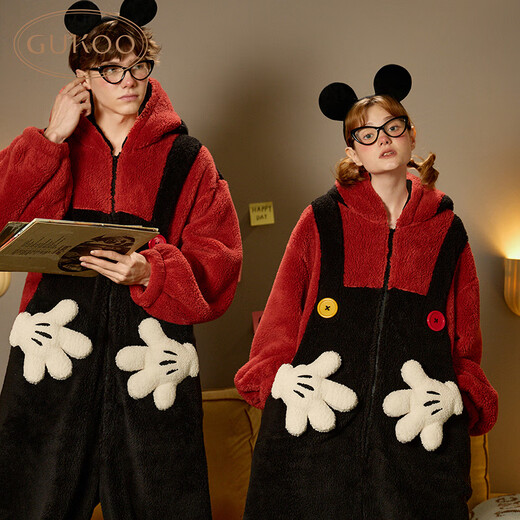 Gukoo Couple Pajamas Winter Disney Co-branded Plush Warm Women's Pajamas Men's Home Clothing Jumpsuit D Mickey Couple Style Jumpsuit L Men
