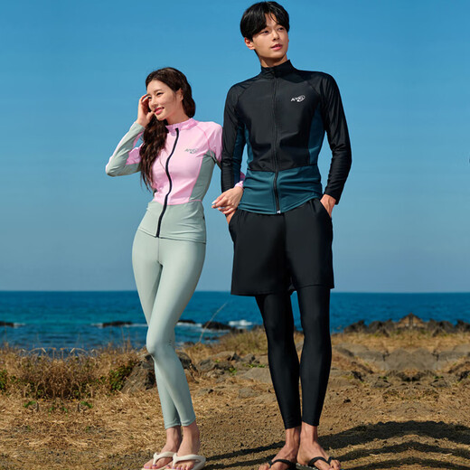 Couple plus size wetsuit split men's long-sleeved trousers hooded sun protection quick-drying suit surfing snorkeling swimsuit summer black and green men's three-piece suit L