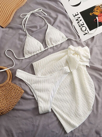 Bikini swimsuit women's split three-piece set, spicy three-point sexy small breasts gathered seaside resort hot spring swimsuit white (three-piece set) XL (110-130Jin Jin equals 0.5 kg)