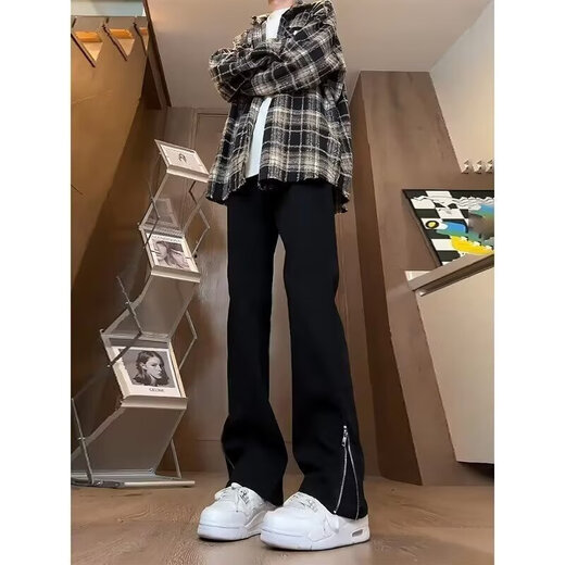 Männliche figure schwarze Seite Reißverschluss Jeans Herbst und Winter Casual Hosen Herren-amerikanische Hauptstraße Nippe No-Beine leicht ausgestellte Hosen Y9216 Schwarzer regulärer XL