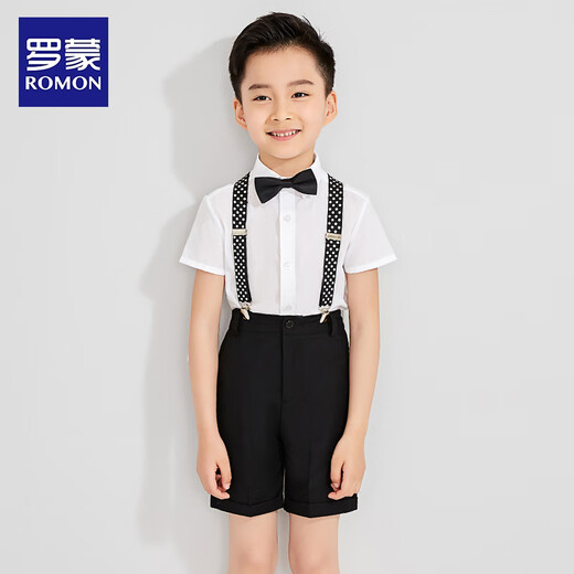 Romon boys dress suit British style summer flower boy suit handsome boy overalls table graduation children's performance four-piece suit shirt + shorts + suspenders + bow tie 120