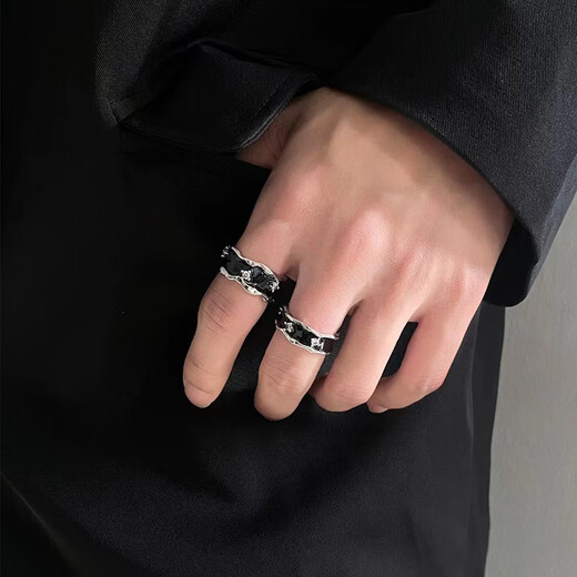 Meng Keduo black rhinestone drip glaze open ring niche design index finger ring couple ring fashion personalized ring men's trendy trendy personalized ring 2 pack