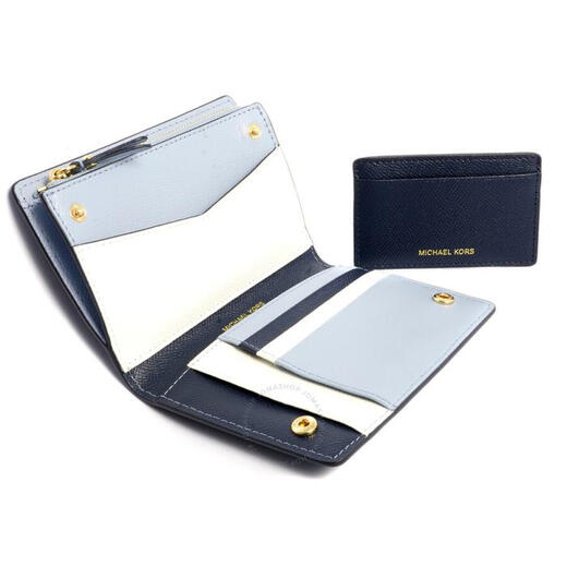 MICHAEL KORS luxury fashion brand women's wallet blue embossed leather short MK metal logo 32T8GF6D6T-436 pic os