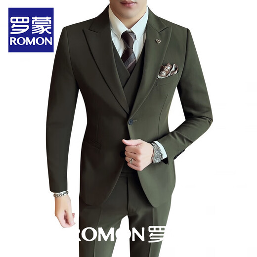 ROMON, light and sophisticated, simple British business suit, men's casual business suit, small suit, solid color coat, groom's wedding dress, trendy gray (suit + vest + pants) M 170