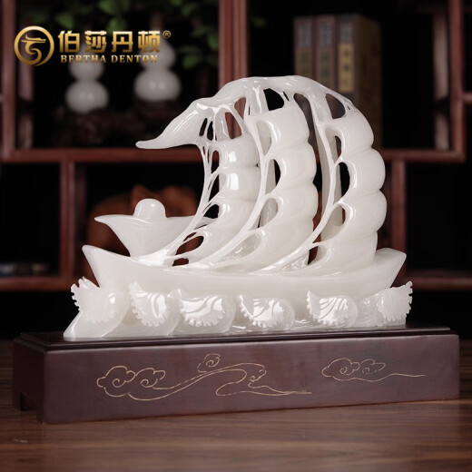 Bertha Denton Jade Carving Ornaments Smooth Sailing Sailboat Moving to a New Home Gift for Friends Office Decoration Opening Gift Type A 38cm Sailboat (Length 38*H 30cm)