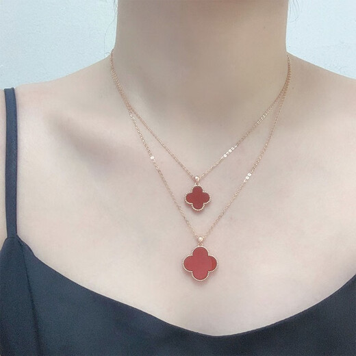 18K gold four-leaf clover pendant color gold rose gold female gold necklace pendant au750 birthday gift for girlfriend 18K rose gold (single pendant) 15mm red agate stone