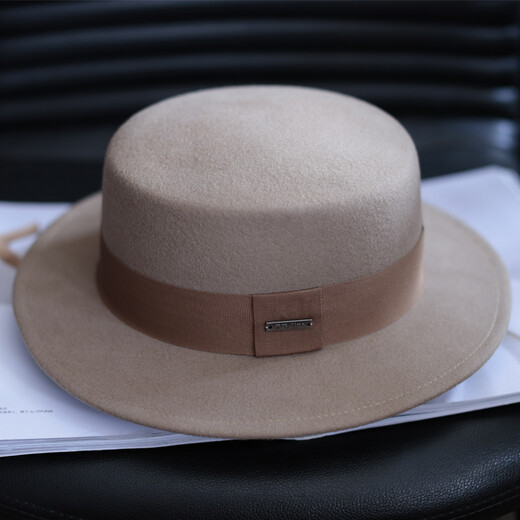 Rogosky counter trendy brand men and women's light luxury autumn and winter versatile fashionable woolen flat-brimmed British retro flat top hat original smoke and coffee color belt women's M size adjustable (54-57.5cm)