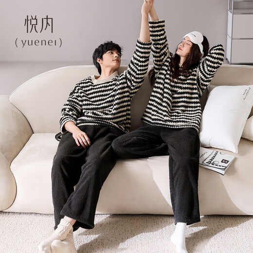 Yuenei Half Velvet Couple Pajamas Women's Autumn and Winter Coral Velvet Thickened Home Clothes Men's Striped Pullover Set 24353 Wave Pattern Women's 2XL (Male 160-180 Jin Jin equals 0.5 kg / Female 140-160 Jin Jin equals 0.5 kg)