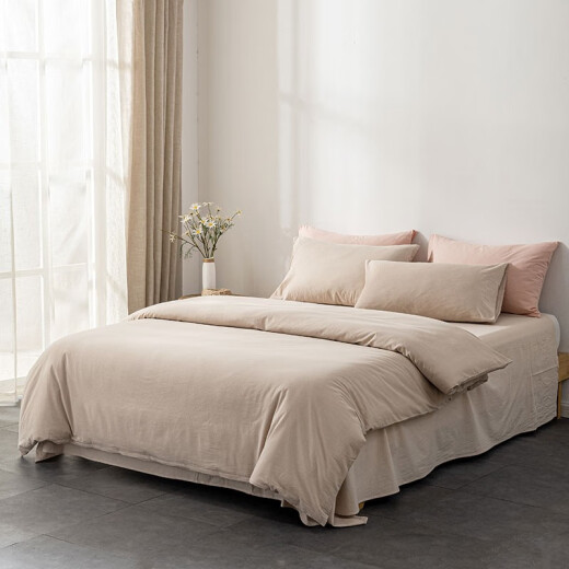Hua Xiyu Class A pure cotton yarn-dyed washed cotton four-piece set pure cotton unprinted style Japanese-style pure cotton bed sheet quilt cover sleeping naked 4-piece rice camel (A-category maternal and infant grade pure cotton) 1.5 meter four-piece fitted sheet set (, Quilt cover 2x2.3m)